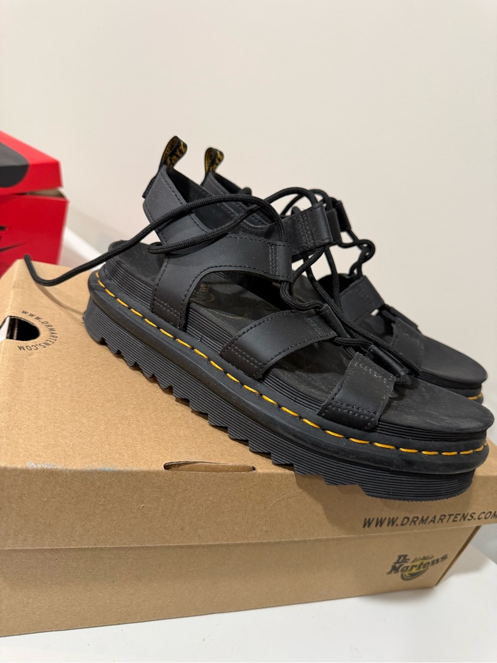 Dr. Martens Black Leather Platform Sandals with Yellow Stitching - Picture 4 of 7